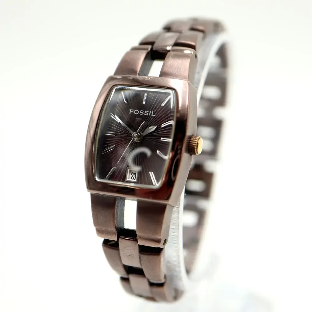 Fossil Brown 20mm Barrel Date Womens Watch Stainless Steel ES1945 w New Battery